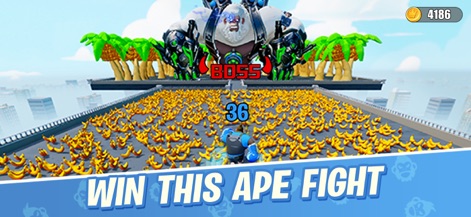 Age of Apes - This image reveals challenging boss battles, emphasizing the formidable 'BOSS' indicator and the vast number of bananas awaiting collection in the arena.