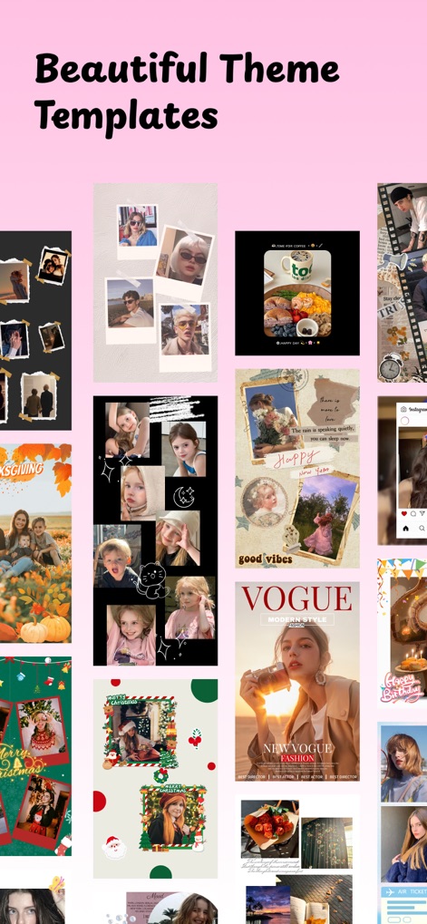 PhotoGrid Collage Maker Staril - Créez rapidement des designs professionnels grâce à une collection de modèles thématiques prédéfinis et de mises en page prêtes à l'emploi.