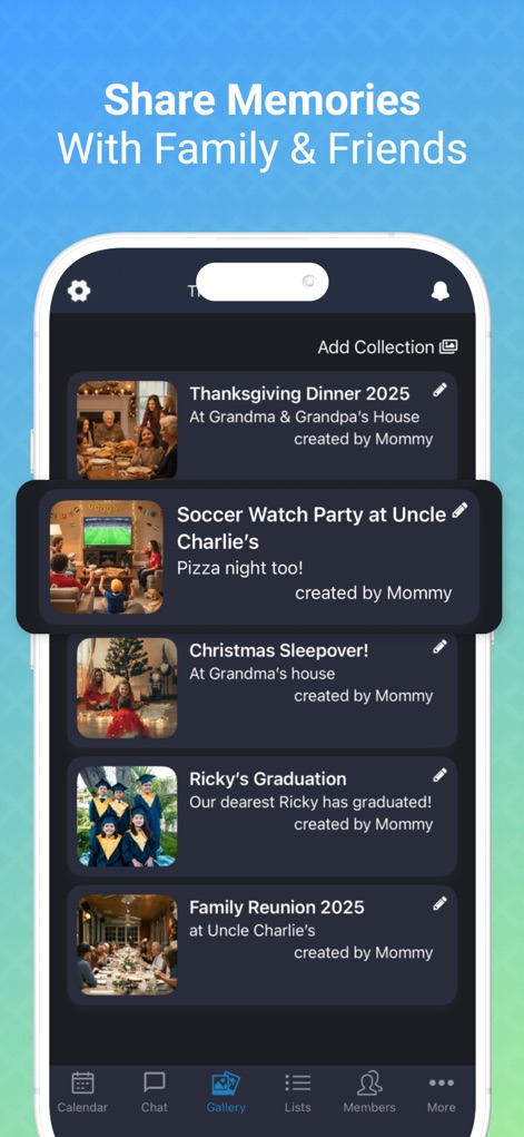 Podz: Family & Group Organizer - このスクリーンショットでは、イベントごとに整理された写真コレクションが一覧表示され、過去の思い出を簡単に振り返ることができます。また、各コレクションの作成者情報と詳細が、共有された瞬間をより豊かにします。