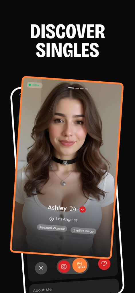Casual Dating & Meet Up - YOLO - Explore detailed single profiles featuring user age, location, and the intuitive interaction buttons for connection.