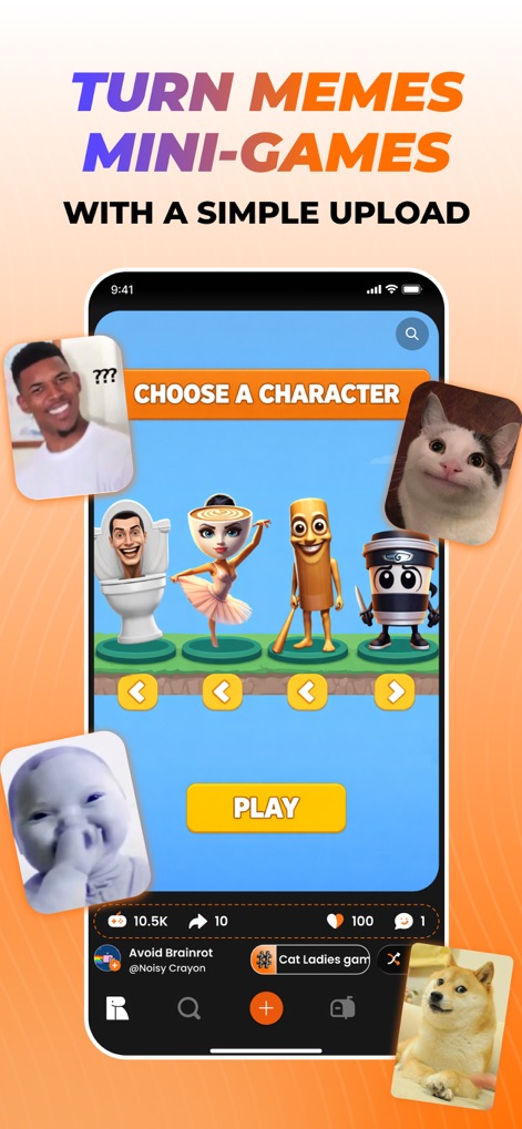 Rezona: AI Game Maker - This tool showcases the intuitive character selection interface and integrated social engagement metrics, highlighting how users can quickly transform memes into playable mini-games.