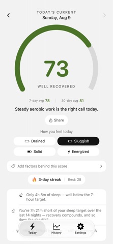 Current: Recovery Score iPhone screenshot