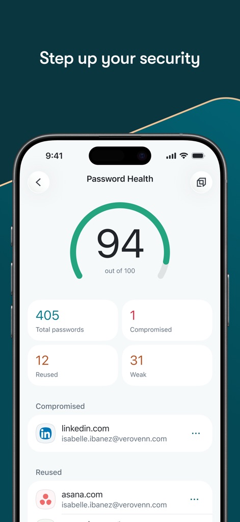 Dashlane Password Manager - この画面では、ユーザーのパスワード健全性スコアが94と表示され、漏洩したパスワードや弱いパスワードの数といった具体的なセキュリティ分析データが一覧で提供されています。