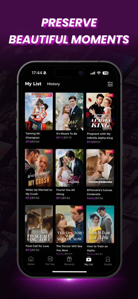 MiniShorts - The app allows users to manage their preferred content in the 'My List' section, showcasing a grid of saved titles with clear 'NEW' badges for recent additions.