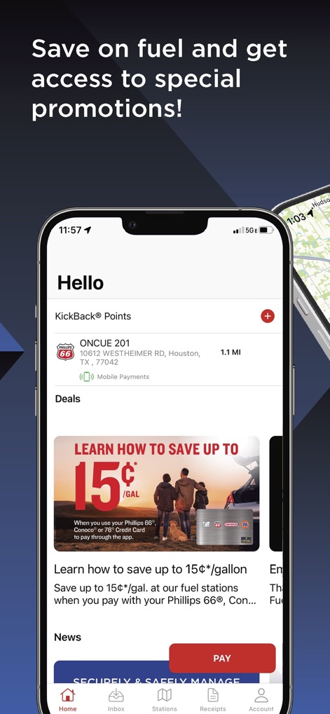 Fuel Forward - Users can easily track their KickBack® loyalty points and explore exclusive fuel-saving promotions, such as the featured "up to 15¢/GAL" discount.