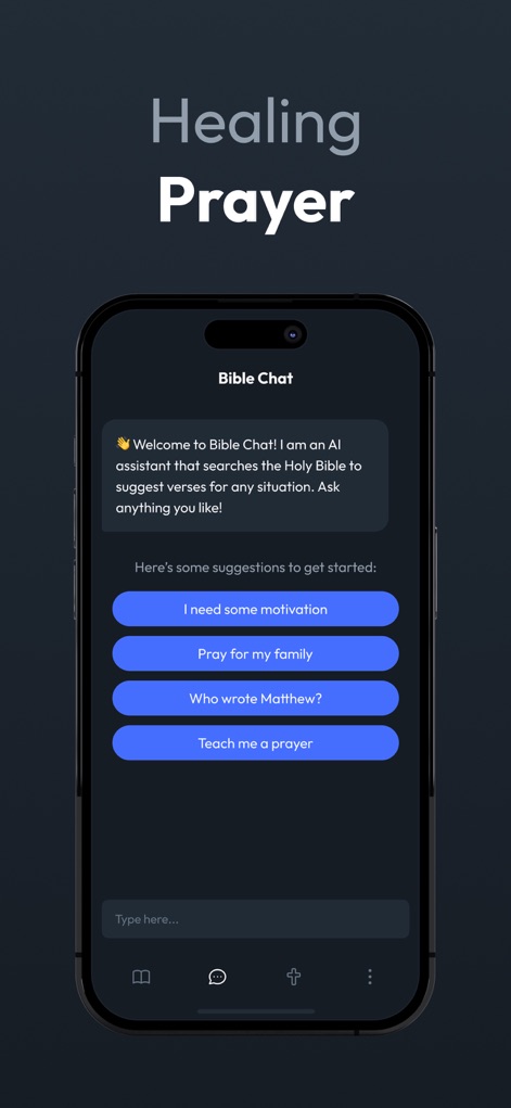 Bedtime Bible: Christian Sleep - The integrated Bible Chat feature offers AI-powered spiritual guidance, presenting suggested questions and allowing users to explore faith-based queries interactively.