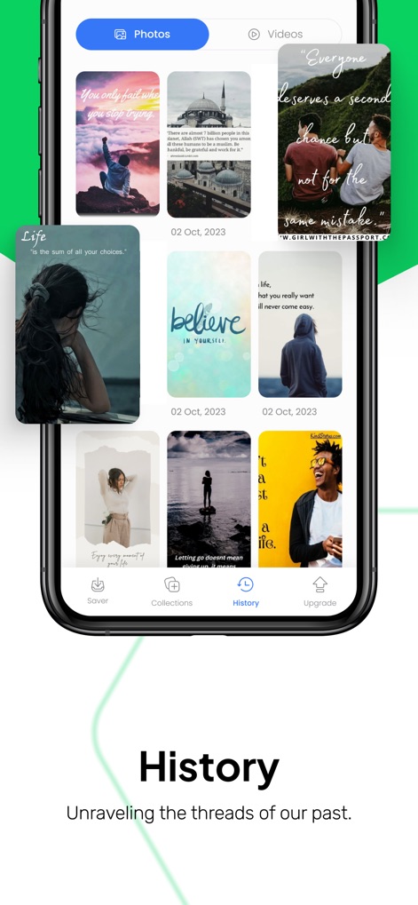Status Saver : Videos - Users can easily revisit previously saved statuses within the 'History' tab, browsing a chronological record of content with specific dates like '02 Oct, 2023' visible.