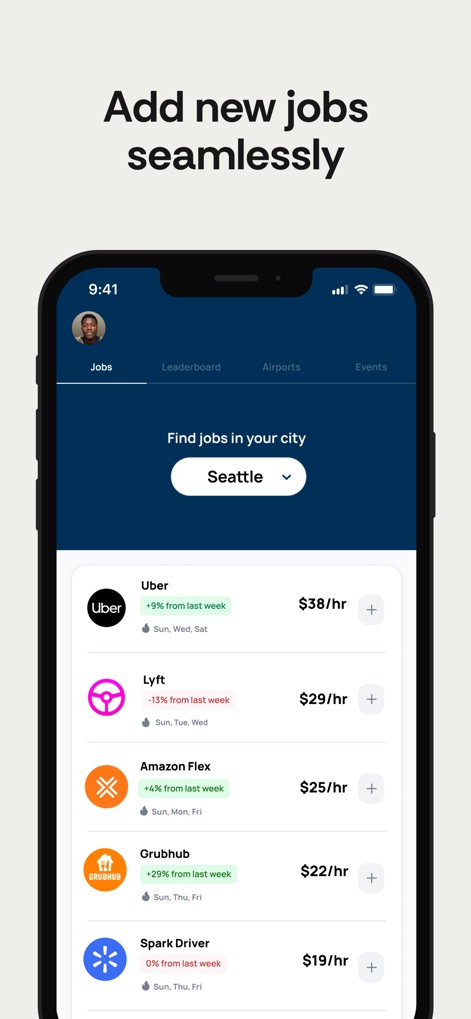 Solo: Your Gig Business App - Los usuarios pueden descubrir nuevas oportunidades laborales en su ciudad, visualizando plataformas como "Uber" con una tarifa de "$38/hr" y el porcentaje de cambio respecto a la semana anterior, como "+9% from last week".