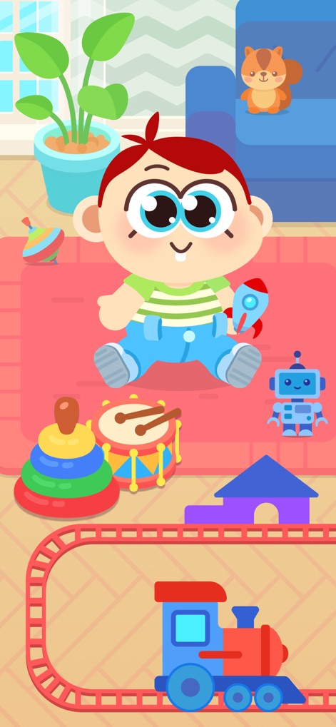 Mother Simulator - Baby Care - This tool highlights imaginative play, presenting a baby surrounded by colorful toys like a train set and a robot.