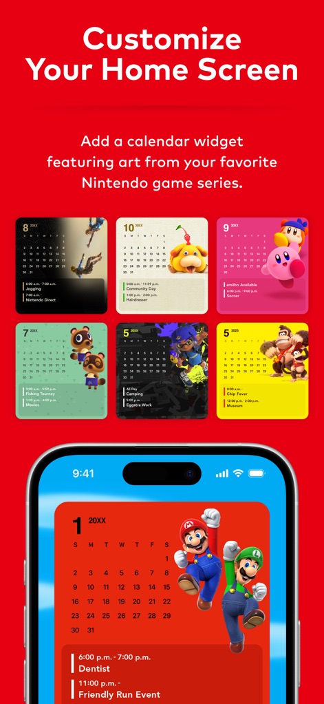 Nintendo Today! - Users can customize their home screen with engaging calendar widgets, featuring popular art from series such as Metroid and the iconic Mario & Luigi duo.