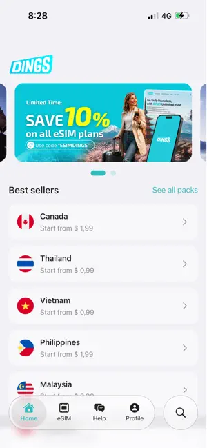 DINGS: eSIM Travel screenshot 1