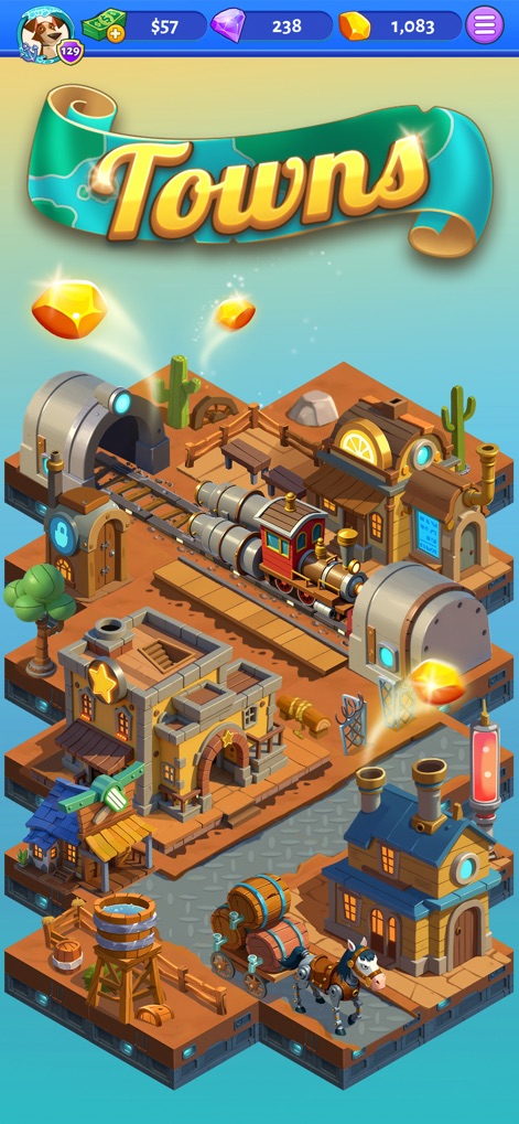 Bubble Cash - Immerse yourself in the app's engaging 'Towns' feature, showcasing detailed isometric map designs and diverse environmental elements to explore.