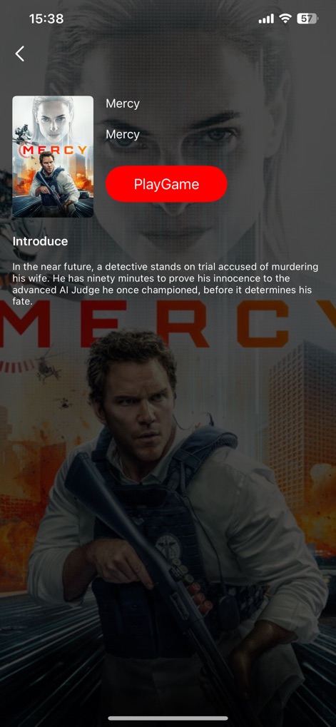 PlayShots - La herramienta proporciona una vista detallada de una película con su póster principal y una descripción informativa, complementada por un llamativo botón 'PlayGame' que invita a la interacción lúdica.