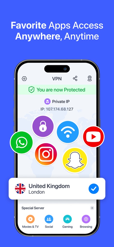 VPN for iPhone · - La pantalla confirma la protección activa y muestra iconos coloridos de aplicaciones populares como WhatsApp e Instagram, facilitando el acceso seguro a las herramientas sociales favoritas del usuario.