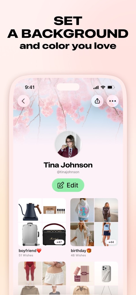 Listful - Wishlist & Shopping - The app offers personalization options, allowing users to 'SET A BACKGROUND' image and easily 'Edit' their profile details for a unique experience.