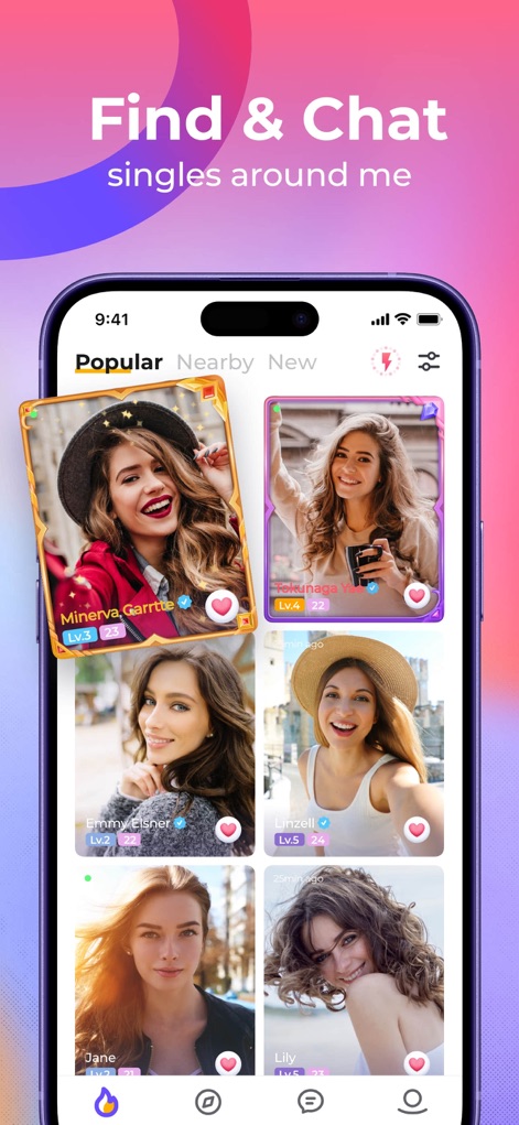 Meete - Meet New Friends - Explore the app's dynamic discovery interface, showcasing categorized browsing options like "Popular" and "Nearby" along with profile cards displaying user levels and engagement.