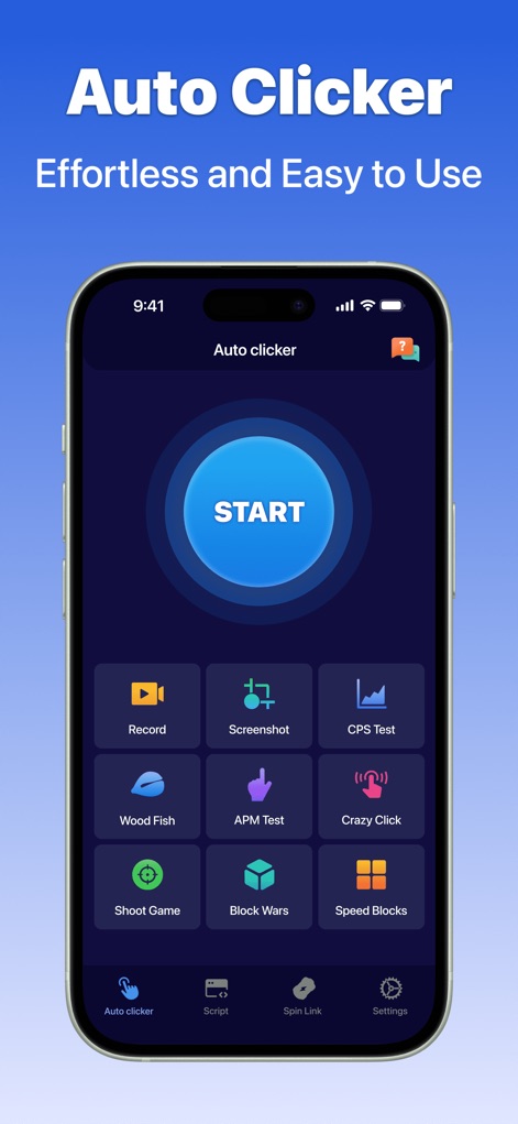 OP Auto Clicker: Automatic Tap - Discover the app's intuitive interface, displaying a prominent 'START' button and a suite of quick action icons like 'Record' and 'CPS Test'.