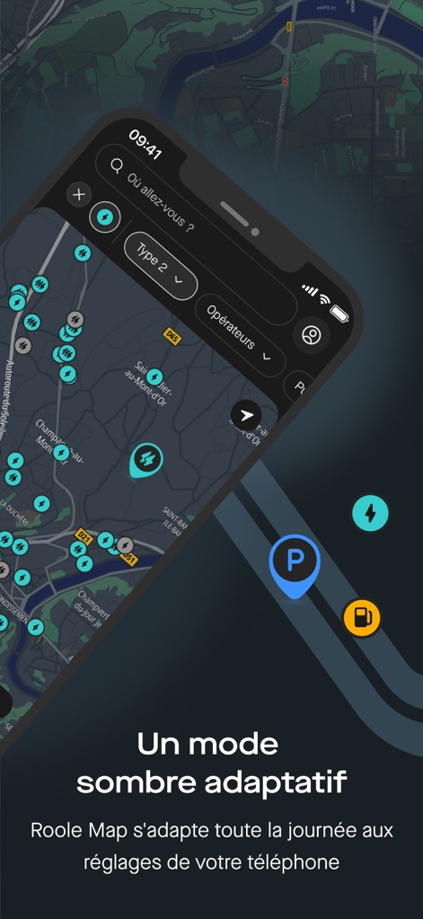 Roole Map : Borne & Navigation - This screenshot showcases the sleek adaptive dark mode interface, featuring a prominent search bar and filters for EV charging operators.