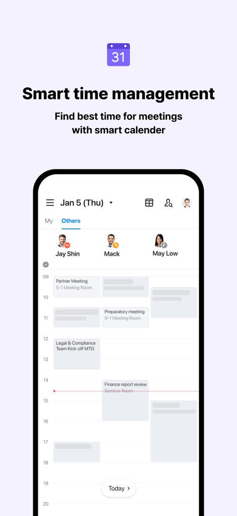 LINE WORKS: Team Communication - 이 도구는 팀 구성원의 일정을 한눈에 확인하여 최적의 회의 시간을 쉽게 찾도록 지원합니다. 주간 보기를 통해 바쁜 일정 속에서도 효율적인 시간 관리가 가능합니다.