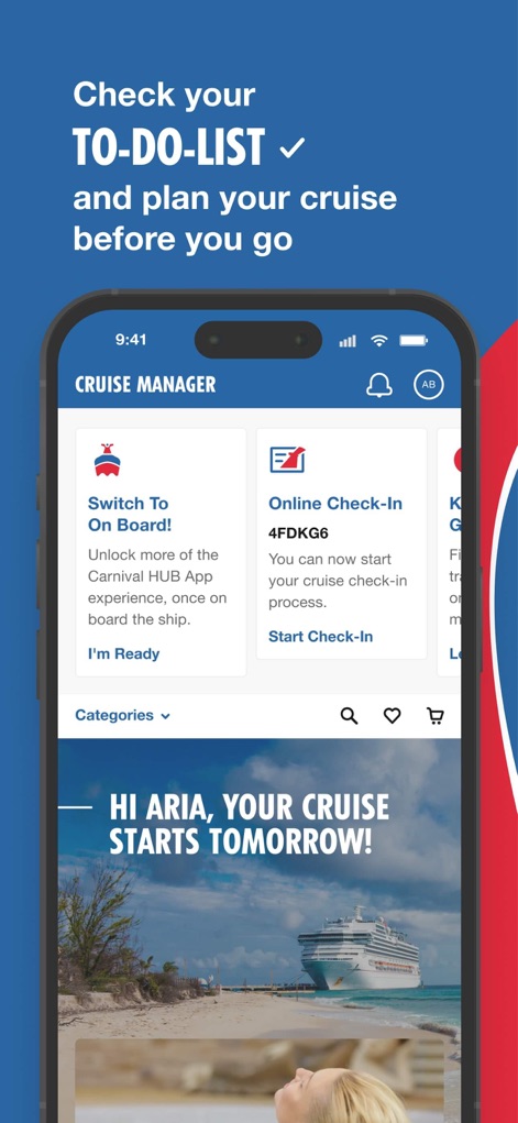 Carnival HUB - Die App hilft Nutzern, ihre Reise vorab zu organisieren, indem sie den Online-Check-in und eine persönliche Begrüßung zur bevorstehenden Kreuzfahrt anbietet.