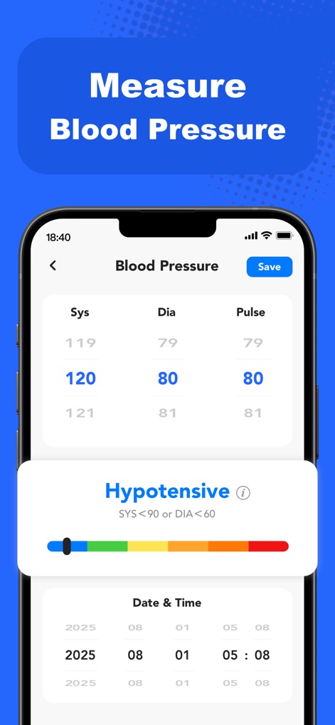Blood Pressure - Health Pulse - La herramienta facilita la entrada de datos de presión sistólica y diastólica, y muestra una clara indicación de estado como "Hypotensive" junto a un historial de fechas.