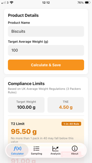 Average Weight Compliance Tool screenshot