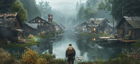 Dead God Land: Survival games - Cet outil illustre des environnements riches et immersifs, où une brume épaisse caresse un village lacustre sous un ciel crépusculaire, soulignant l'atmosphère énigmatique et la promesse d'une exploration profonde et variée.