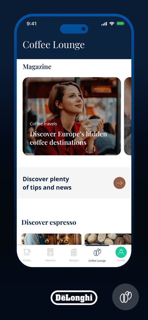 De'Longhi COFFEE LINK - Diese Ansicht präsentiert die 'Coffee Lounge', wo Nutzer inspirierende Artikel zu Kaffee-Destinationen und eine Vielzahl an informativen Tipps und Neuigkeiten entdecken können.