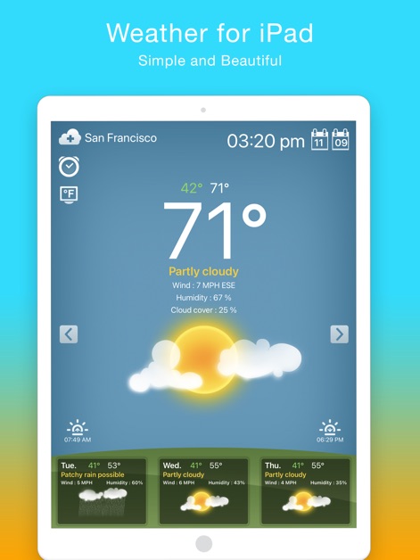 Weather for iPad! - Die App präsentiert das aktuelle Wetter in San Francisco mit einer klaren Temperaturanzeige von 71°F und einem visuell ansprechenden Design, das die Tageszeit durch die Hintergrundbeleuchtung reflektiert.
