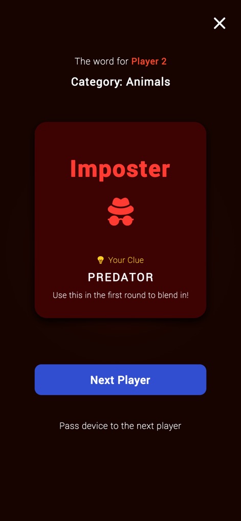 Impostor Challenge: Guess Who - O aplicativo informa ao jogador que ele é o Impostor através de um alerta visual marcante, e oferece uma sugestão de pista estratégica para auxiliar na sua função.