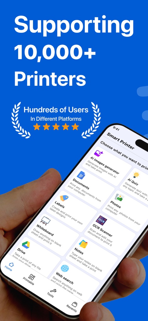 HP Smart Printer App : iPrint - Explore the app's comprehensive main menu, showcasing a variety of tools from an AI image generator to efficient document management.