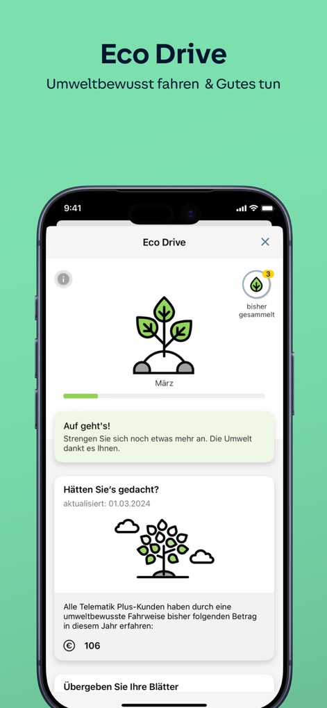 HUK Mein Auto - Explore the Eco Drive feature, which tracks collected ecological achievements and showcases the collective financial impact of sustainable driving.
