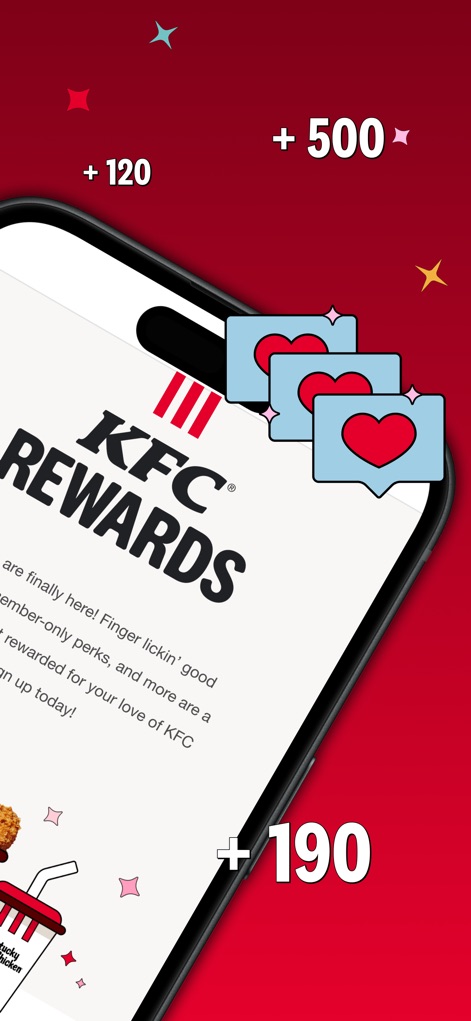 KFC US - Ordering App - This screenshot details the benefits of the KFC Rewards program and visually represents point accumulation with animated heart icons.