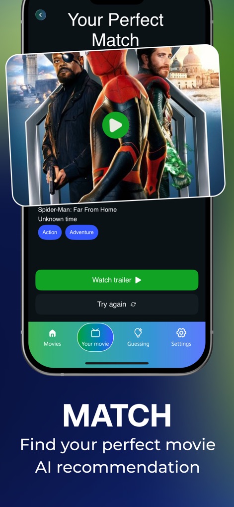 Onstream : Movies & TV Shows - Discover the app's 'Your Perfect Match' feature, presenting AI-driven film recommendations and convenient genre tags for quick content identification.
