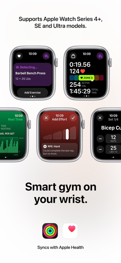 Motra AI Workout Fitness Coach - Delve into the comprehensive workout metrics available directly on the Apple Watch, featuring real-time exercise detection displays and integrated 'Syncs with Apple Health' functionality.