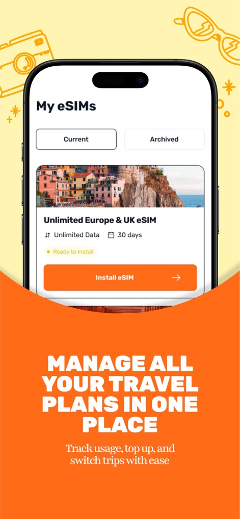 Simify eSIMs: Travel Connected - L'app offre un'interfaccia "My eSIMs" chiara per gestire i piani dati e distingue tra eSIM attive e archiviate per una facile organizzazione dei viaggi.