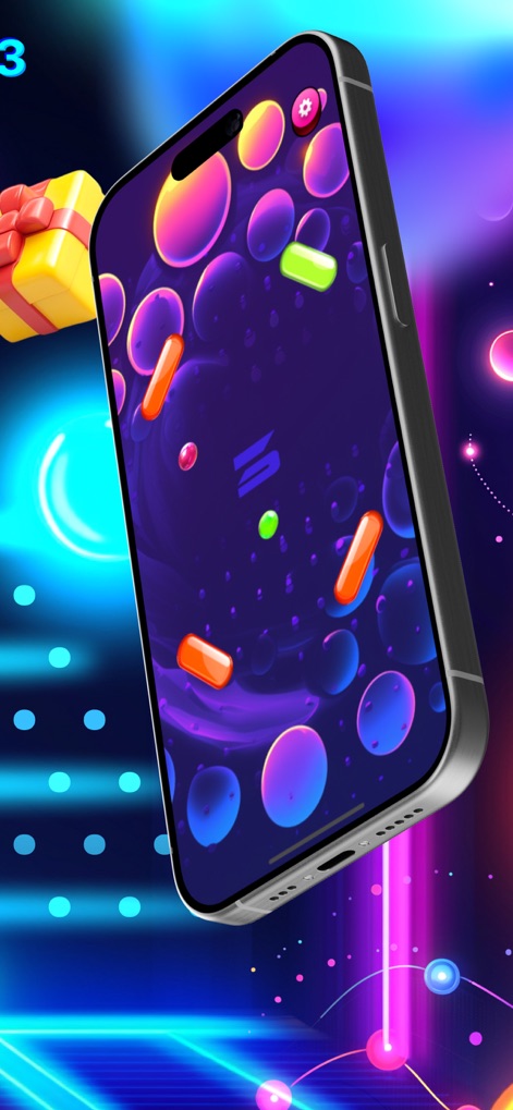 Ball Unifying Dodger - Experience the app within a mobile device perspective, showcasing the colorful obstacles and the mesmerizing bubbling background.
