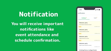 Chouseisan - The app keeps users informed with real-time notifications about new attendance responses and offers options to filter alerts "To Kitano" or "To All".