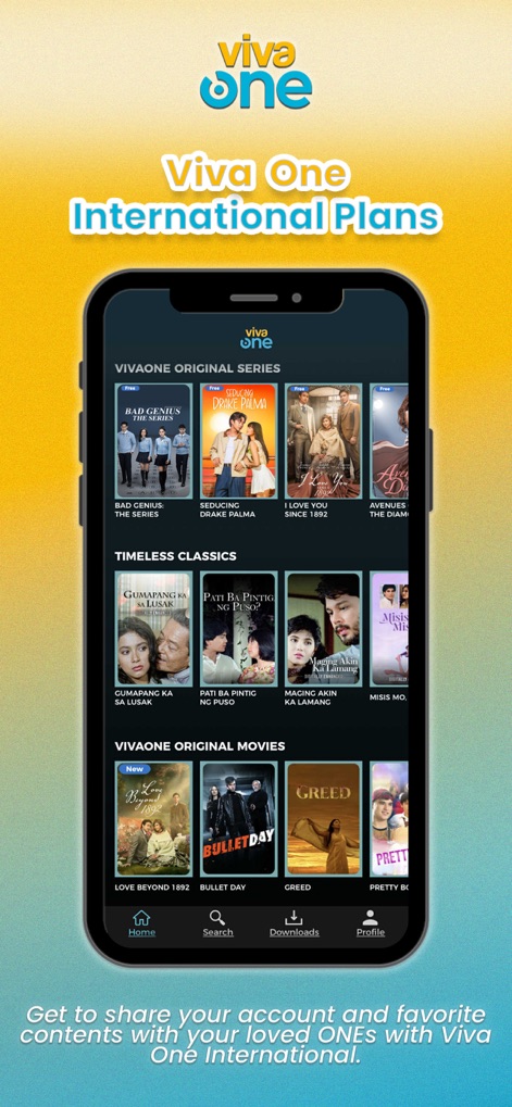 Viva One - Diese Ansicht hebt die internationalen Pläne hervor und präsentiert eine klare Kategorisierung von Inhalten wie Originalserien und zeitlose Klassiker, unterstützt durch eine benutzerfreundliche Navigationsleiste am unteren Bildschirmrand.