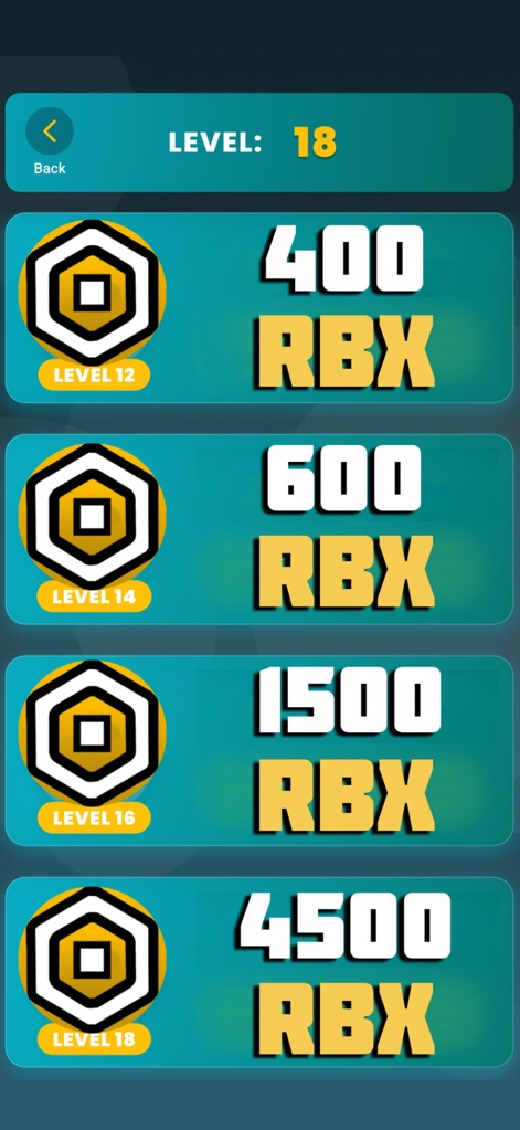 RBX Winner Quiz - The app presents clear level progression, detailing 'Level' achievements and their corresponding 'RBX rewards' to incentivize continued play.