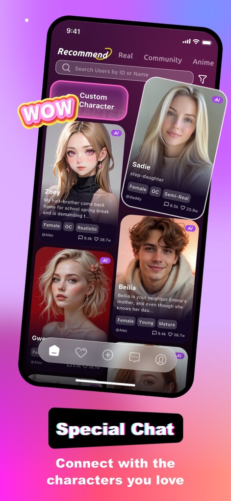 VCharm - your AI love coach - This tool showcases a variety of AI companions with distinct personalities and allows users to explore custom character options or recommended profiles.