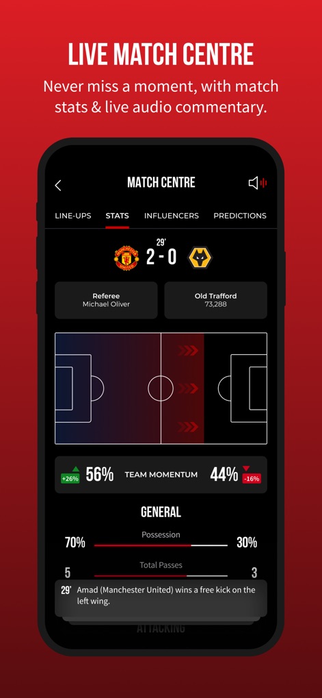 Manchester United Official App - The Live Match Centre provides detailed match "Stats" with a dynamic pitch visualization and real-time "Team Momentum" tracking.