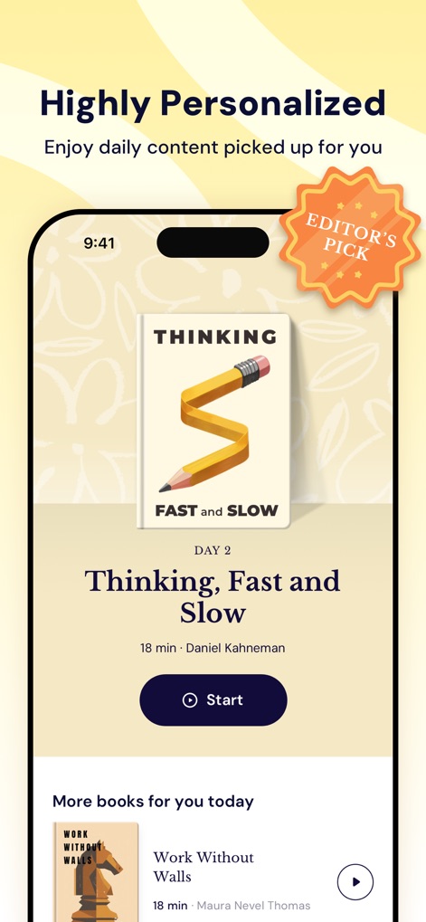 GrowMe: Micro Learning Daily - This view highlights the 'Highly Personalized' content curation, featuring an 'Editor's Pick' badge and tailored book recommendations with a prominent 'Start' button for immediate engagement.