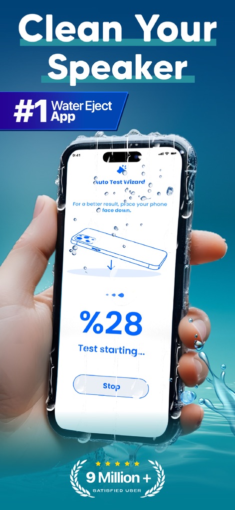 Water Eject - Clear Wave PRO - This screenshot highlights the app's "Auto Test Wizard" and the clear visual instruction to "place your phone face down" for optimal water ejection.