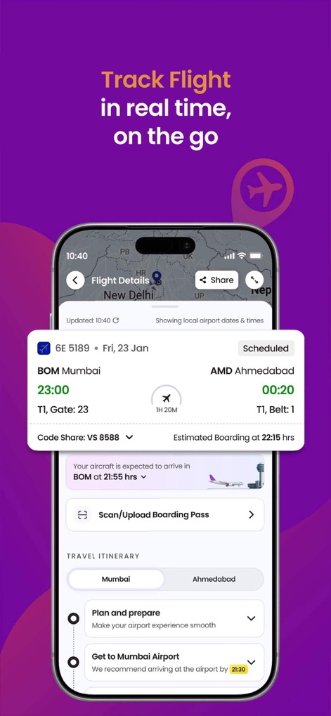 Adani OneApp: For Smart Travel - The app provides comprehensive real-time flight status, including precise 'Gate: 23' details and accurate 'Baggage Belt: 1' information for seamless airport navigation.