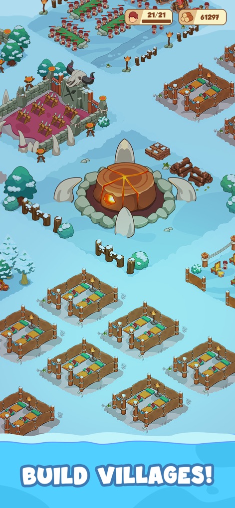 Icy Village: Survival Idle - Questa panoramica rivela il potenziale di crescita, con un vasto insediamento ricco di aree edificabili e un grande falò al centro.