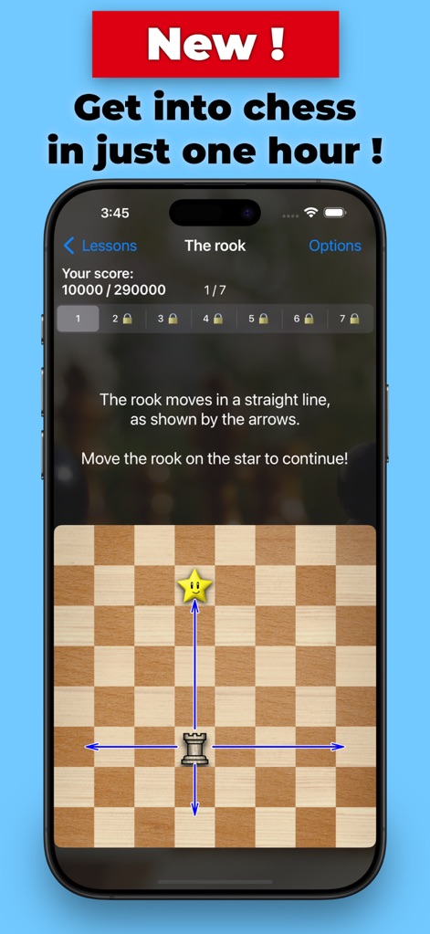 Chess without ads - The app introduces core rules through interactive lessons, visually demonstrating piece movements with arrows and a target star.