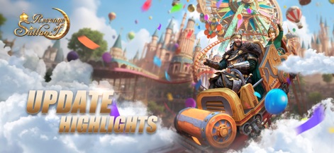 انتقام السلاطين - The app showcases its latest updates with a vibrant, celebratory ride scene and a detailed fantasy castle backdrop, inviting players to experience new content.