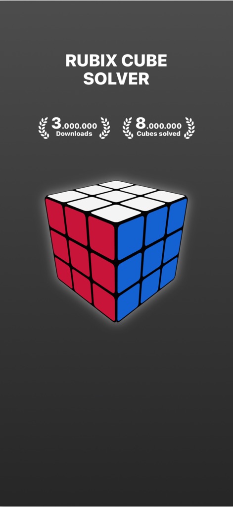 Rubix Cube Solver - The app instantly introduces users to the Rubix Cube Solver interface, prominently displaying its achievement of over 8,000,000 cubes solved.