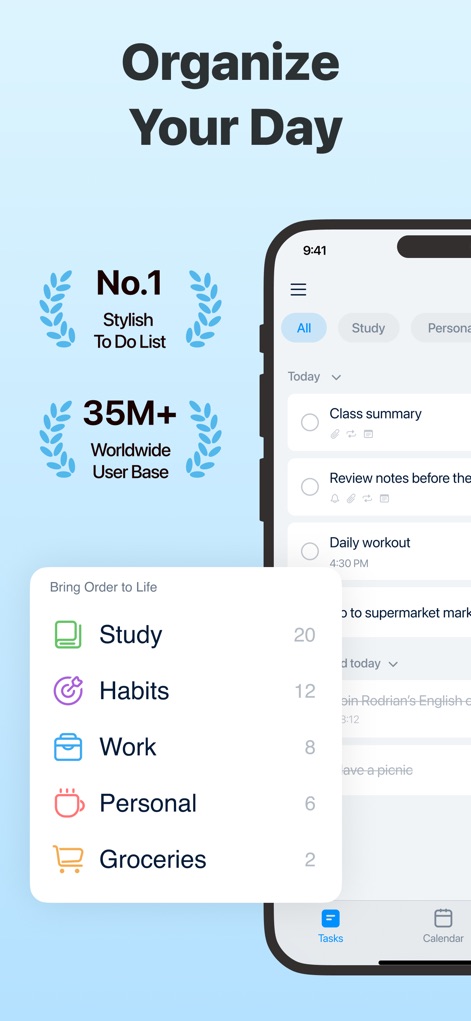 Todoery - Todo List & Reminder - See how the app's clean task list interface and integrated categories like 'Study' and 'Work' simplify daily planning.